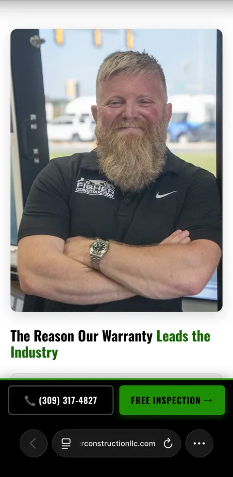 Fisher Construction landing page: the owner, named and pictured, behind the warranty