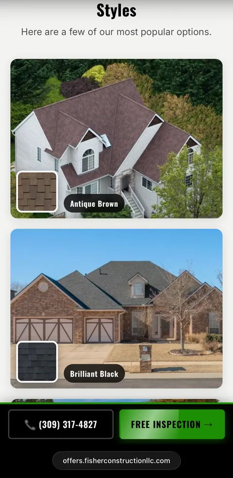 Fisher Construction landing page: the product shown in the styles a buyer can actually choose