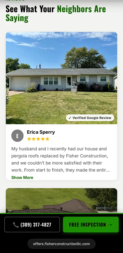 Fisher Construction landing page: verified customer reviews with photos of the finished work