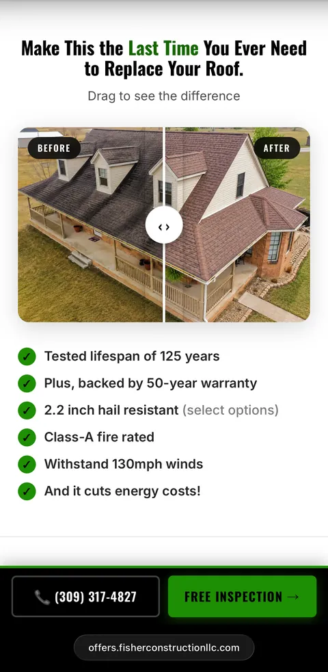 Fisher Construction landing page: the product answer to those problems, with a before/after slider